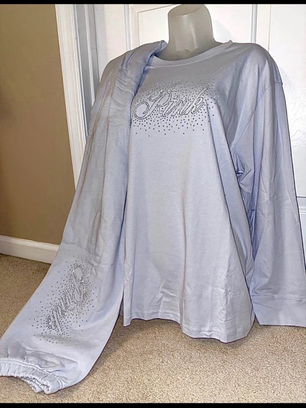 Victoria Secret Pink Bling Blue Long Sleeve Tee Classic Pant Set XL